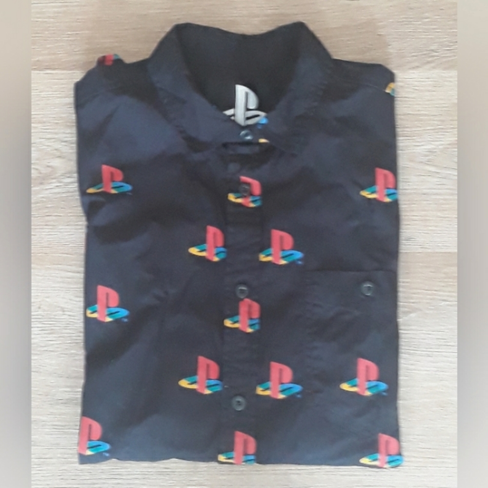 Licensed Sony Playstation Allover Logo Button Front Shirt - Size Medium Black - Picture 6 of 9